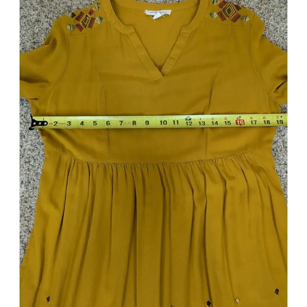 Womens S Boho Long Sleeve Dress Embroidered V Neck Gold Mustard Yellow Hippie - Picture 10 of 14